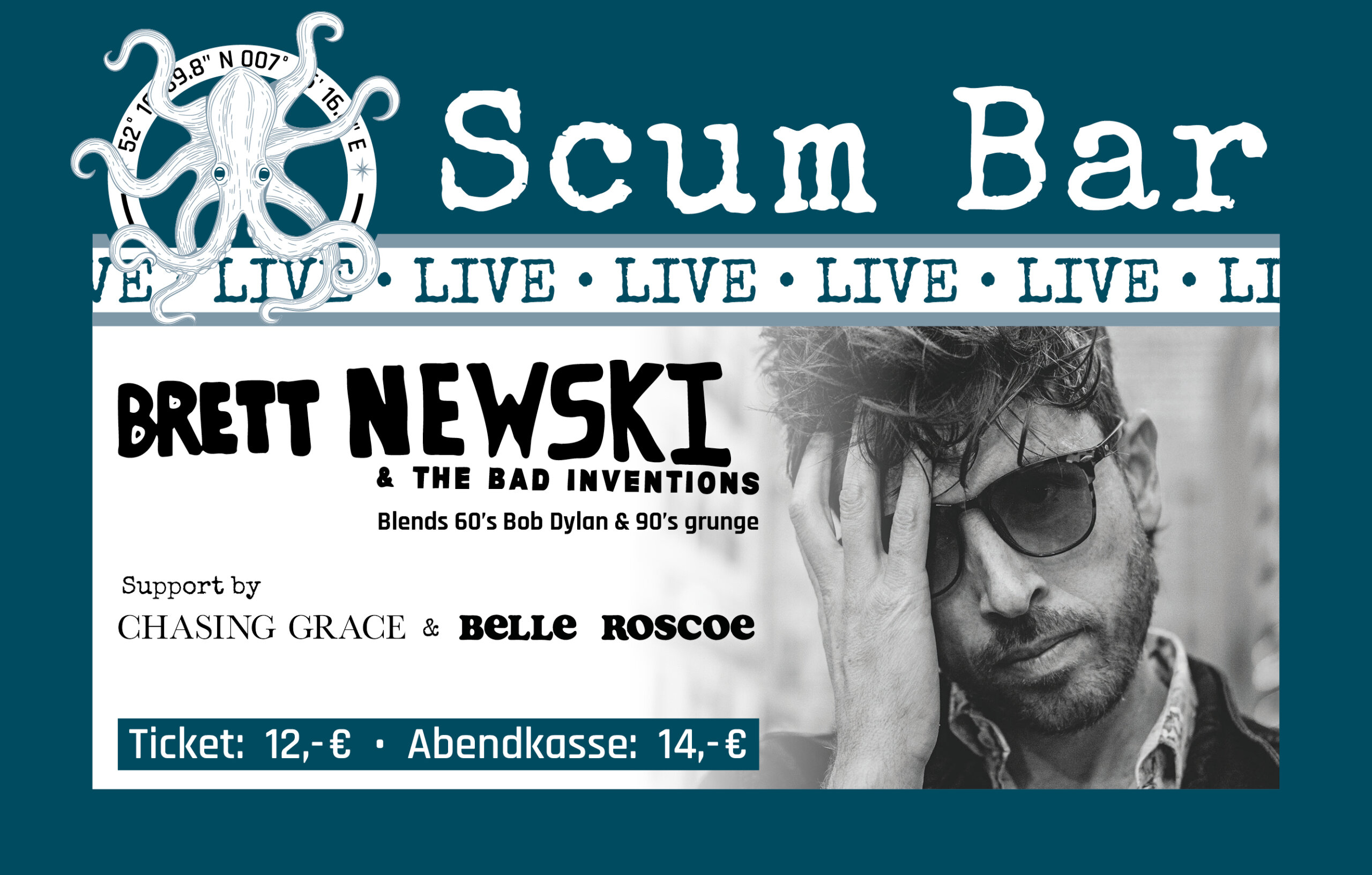 SB_rockt_BrettNewski_Google Konzert-Ankündigung Scum Bar Rheine: Brett Newski & The Bad Inventions live, Support Belle Roscoe und Chasing Grace